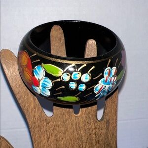 Hand-Painted Wooden Floral Bangle Bracelet | Black Base | Multicolor Flowers